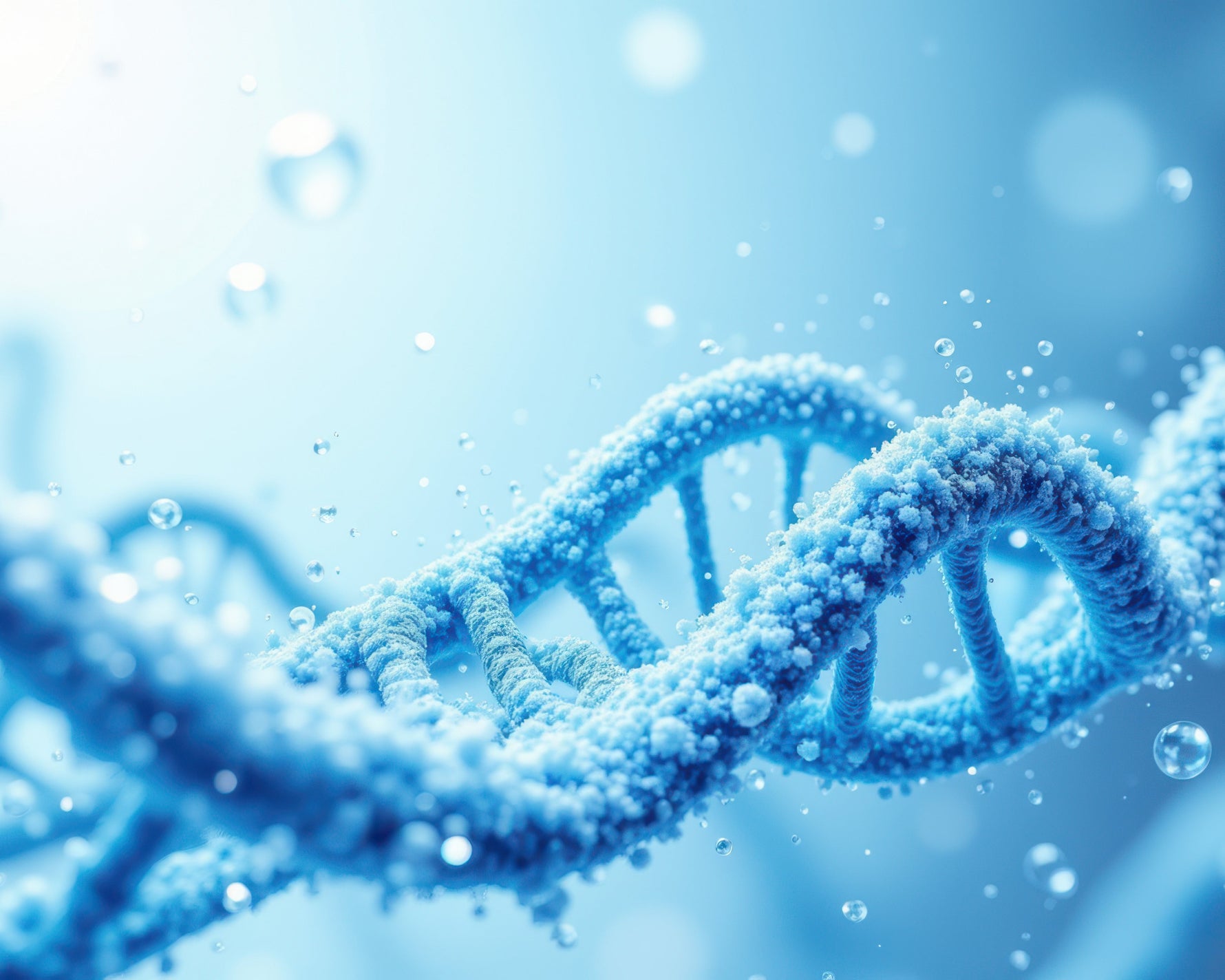 Blue DNA double helix against a light blue background