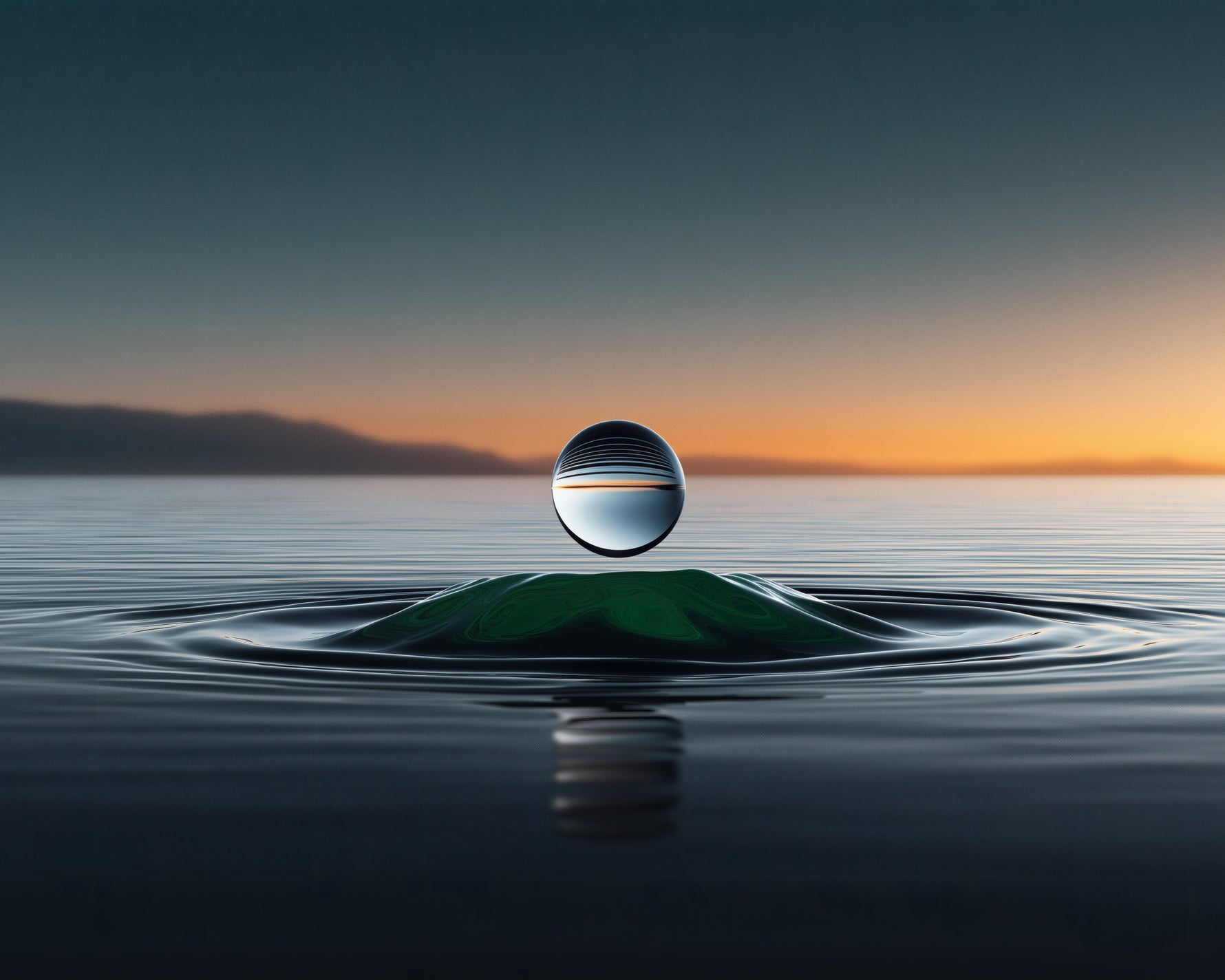 Spherical mirror reflecting a sunset over water with mountains in the background