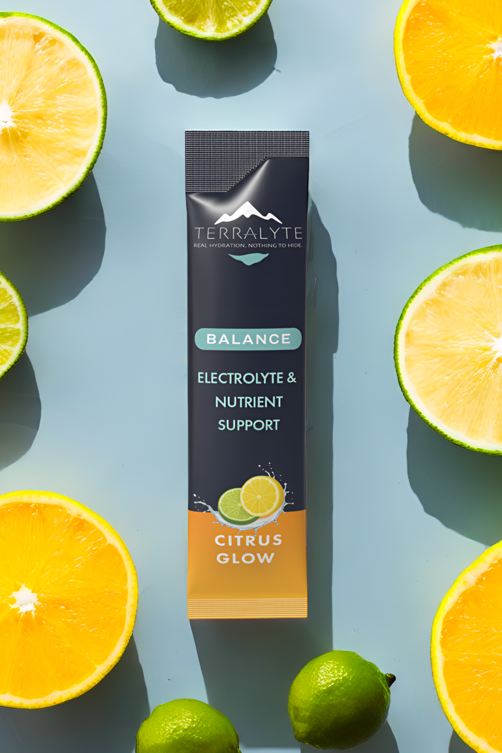 Terraylyte supplement package with citrus fruits on a blue background