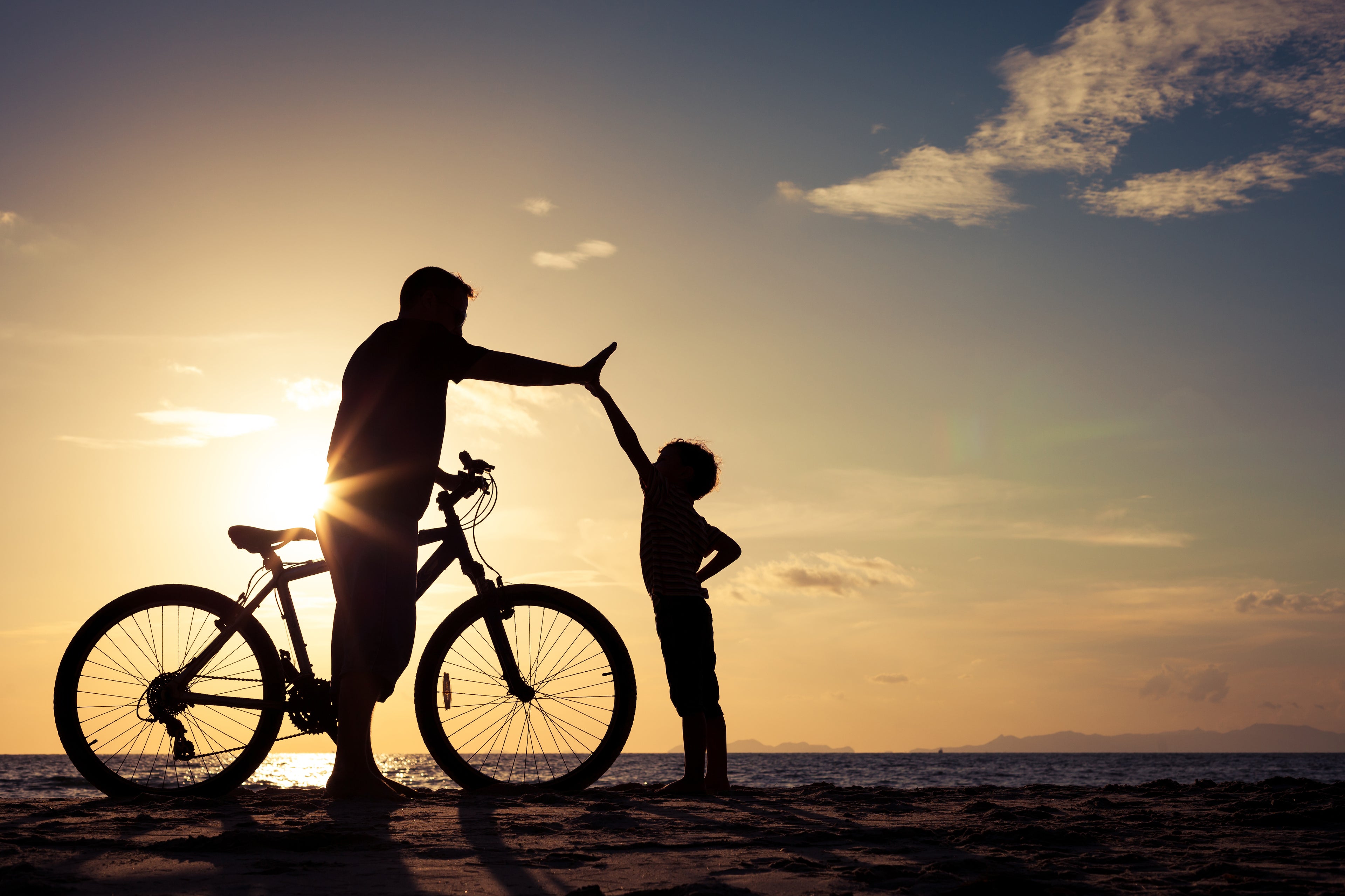 Silhouette of a man and child with a bicycle on a beach at sunset
